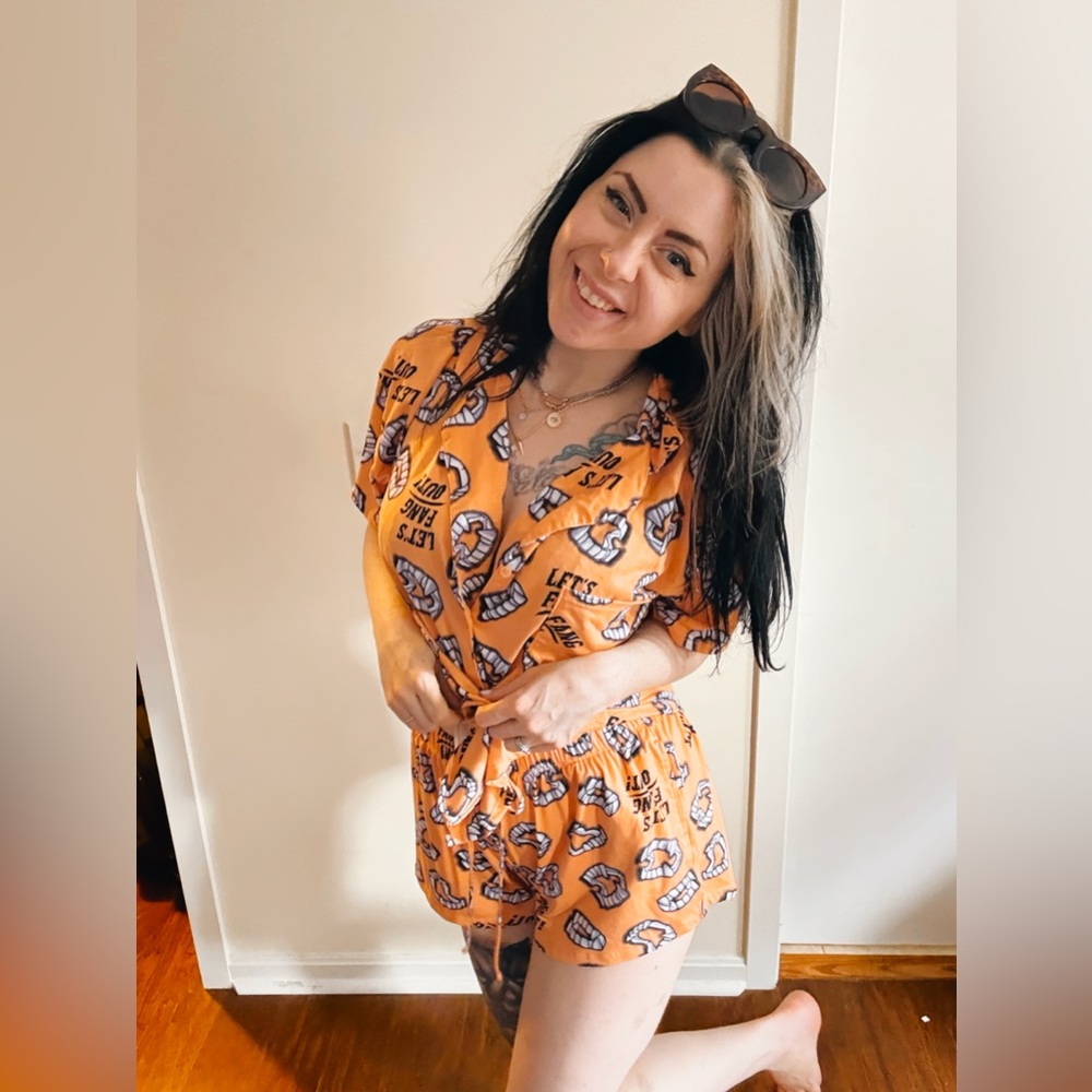 Women's Orange Printed Pajama Set - Short Sleeve Button Top & Shorts